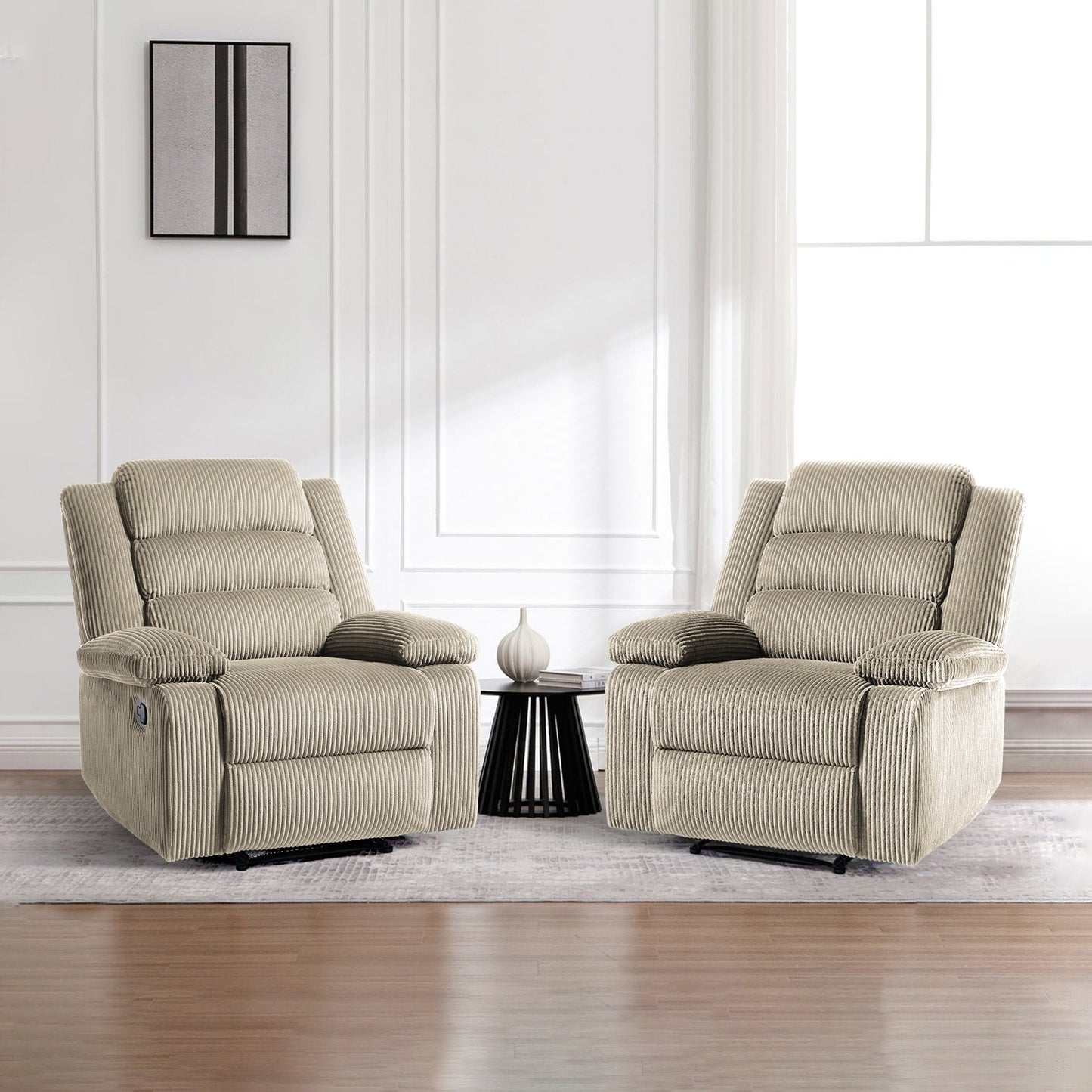 Lot de 2 fauteuils inclinables manuels modernes en velours côtelé, fauteuil d'appoint surdimensionné avec accoudoirs larges