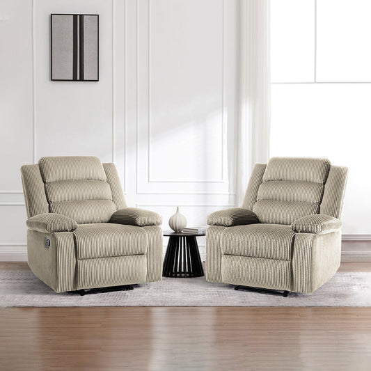 Lot de 2 fauteuils inclinables manuels modernes en velours côtelé, fauteuil d'appoint surdimensionné avec accoudoirs larges