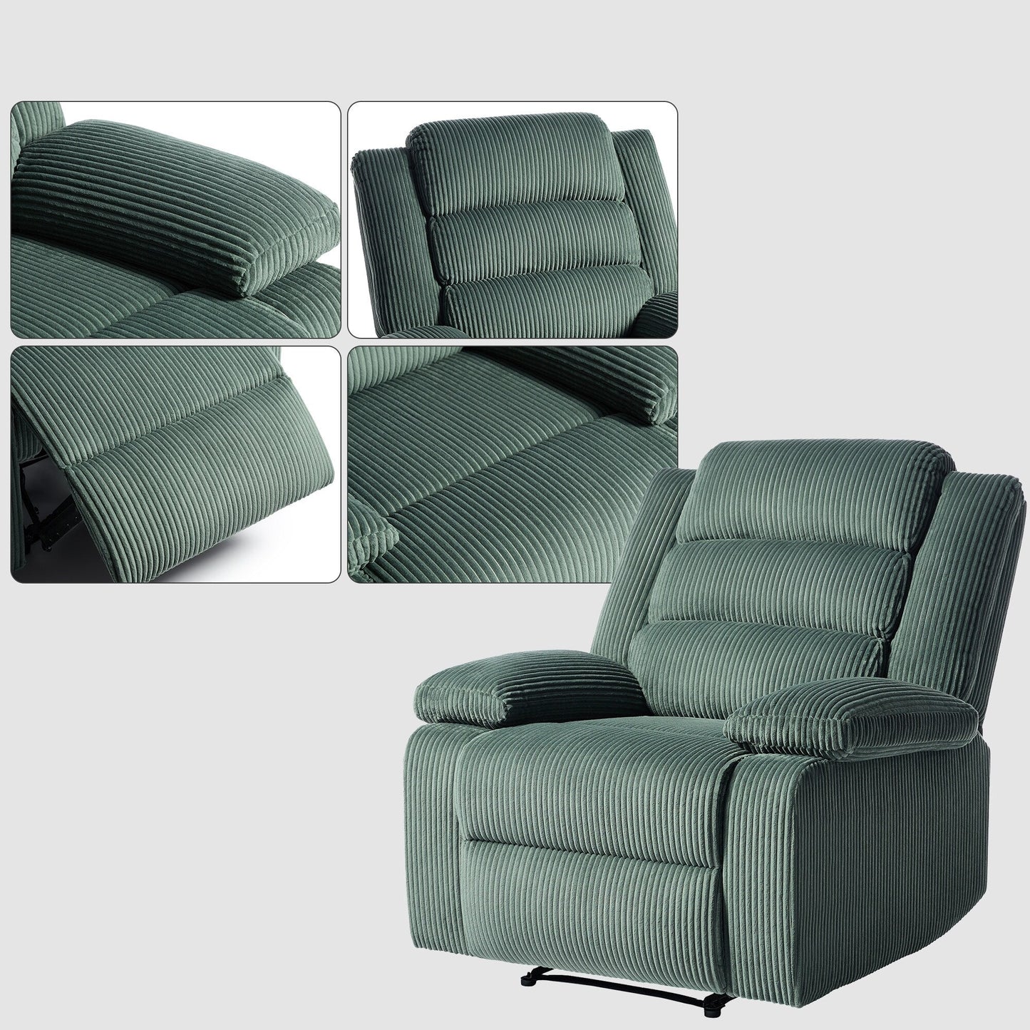 Lot de 2 fauteuils inclinables manuels modernes en velours côtelé, fauteuil d'appoint surdimensionné avec accoudoirs larges