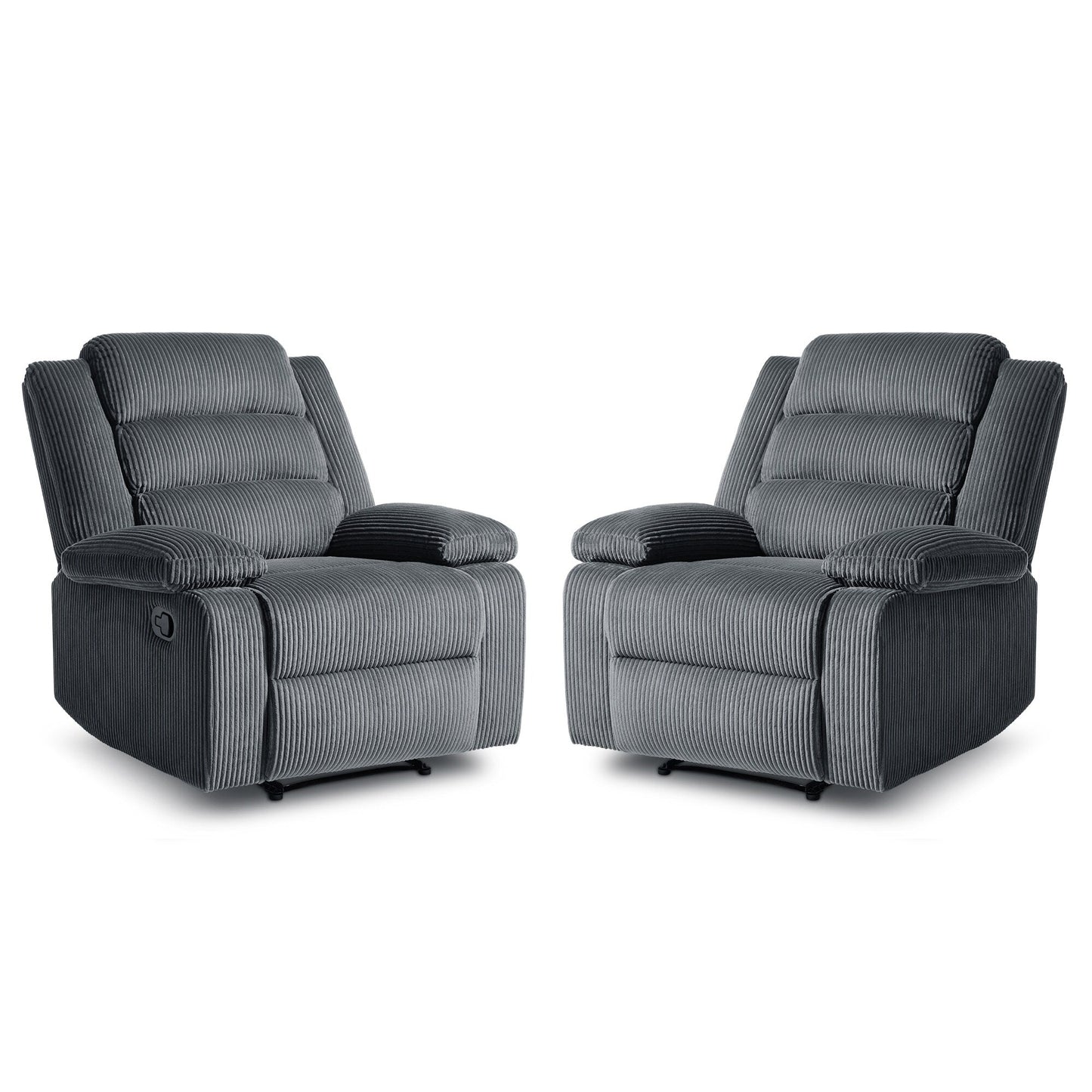 Lot de 2 fauteuils inclinables manuels modernes en velours côtelé, fauteuil d'appoint surdimensionné avec accoudoirs larges