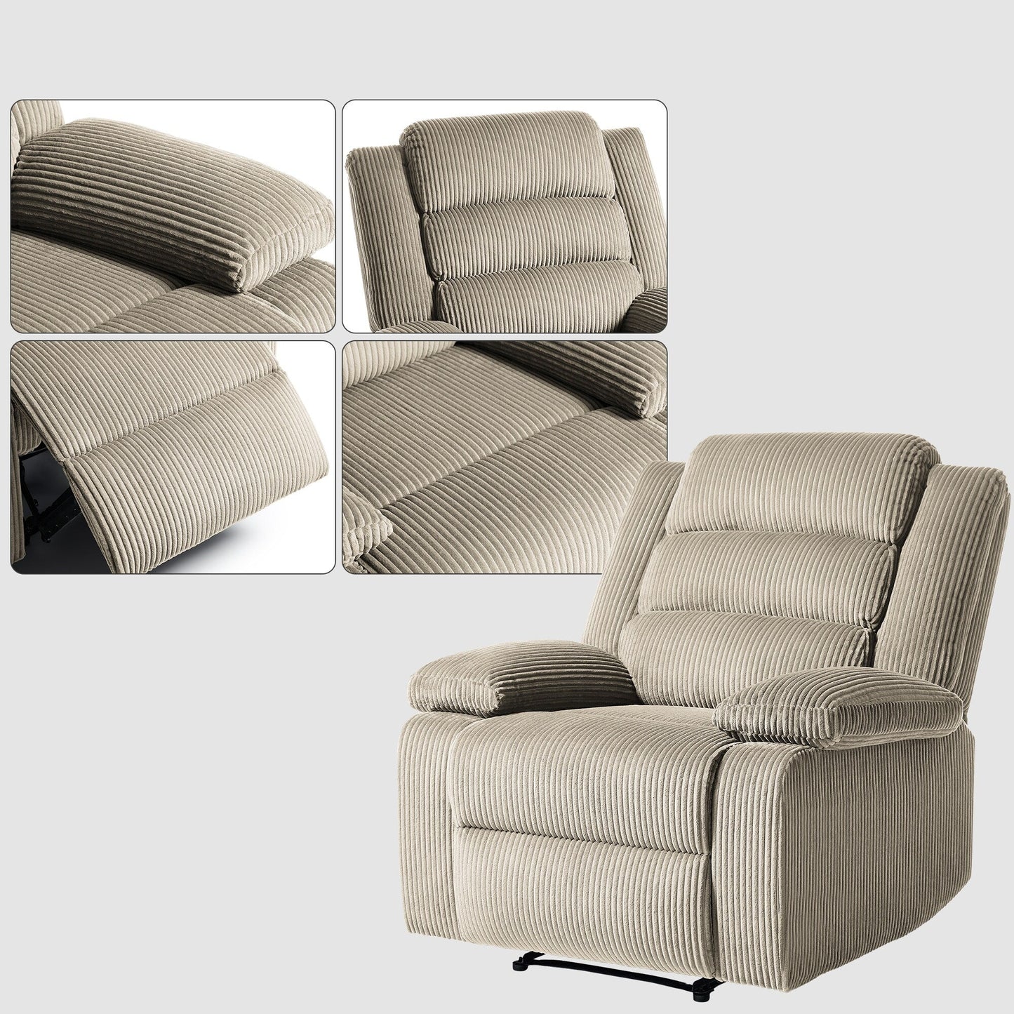 Lot de 2 fauteuils inclinables manuels modernes en velours côtelé, fauteuil d'appoint surdimensionné avec accoudoirs larges