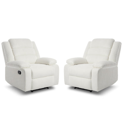 Lot de 2 fauteuils inclinables manuels modernes en velours côtelé, fauteuil d'appoint surdimensionné avec accoudoirs larges