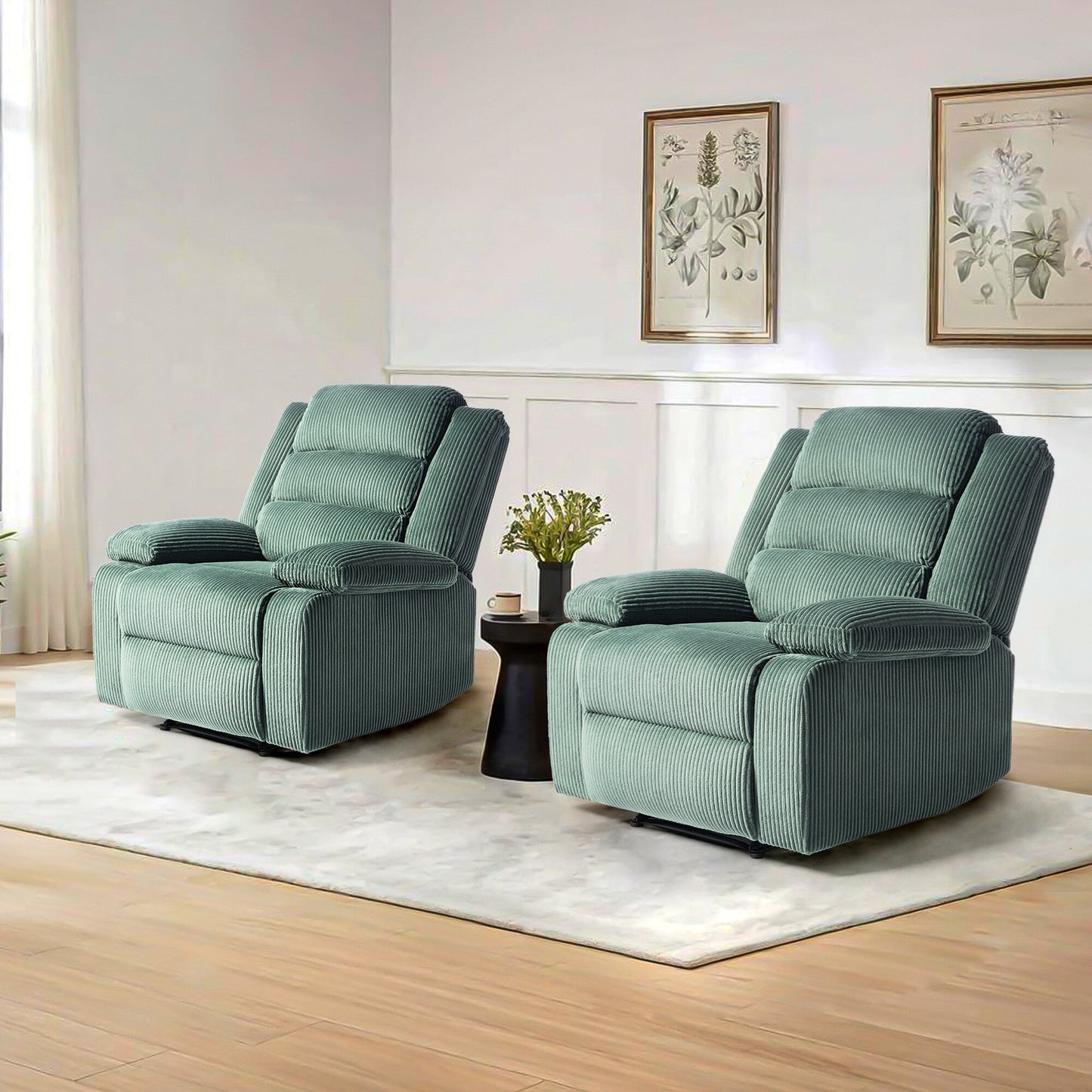 Lot de 2 fauteuils inclinables manuels modernes en velours côtelé, fauteuil d'appoint surdimensionné avec accoudoirs larges