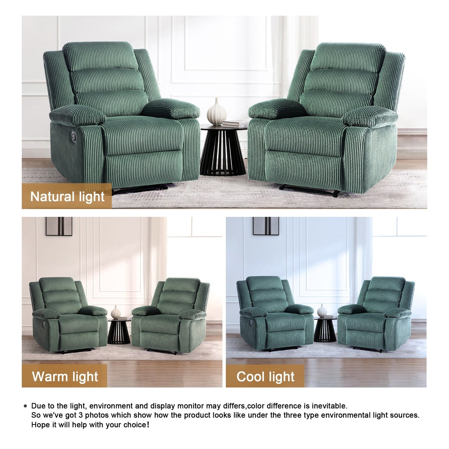 Lot de 2 fauteuils inclinables manuels modernes en velours côtelé, fauteuil d'appoint surdimensionné avec accoudoirs larges