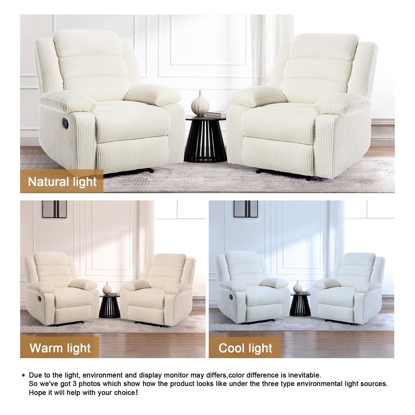 Lot de 2 fauteuils inclinables manuels modernes en velours côtelé, fauteuil d'appoint surdimensionné avec accoudoirs larges