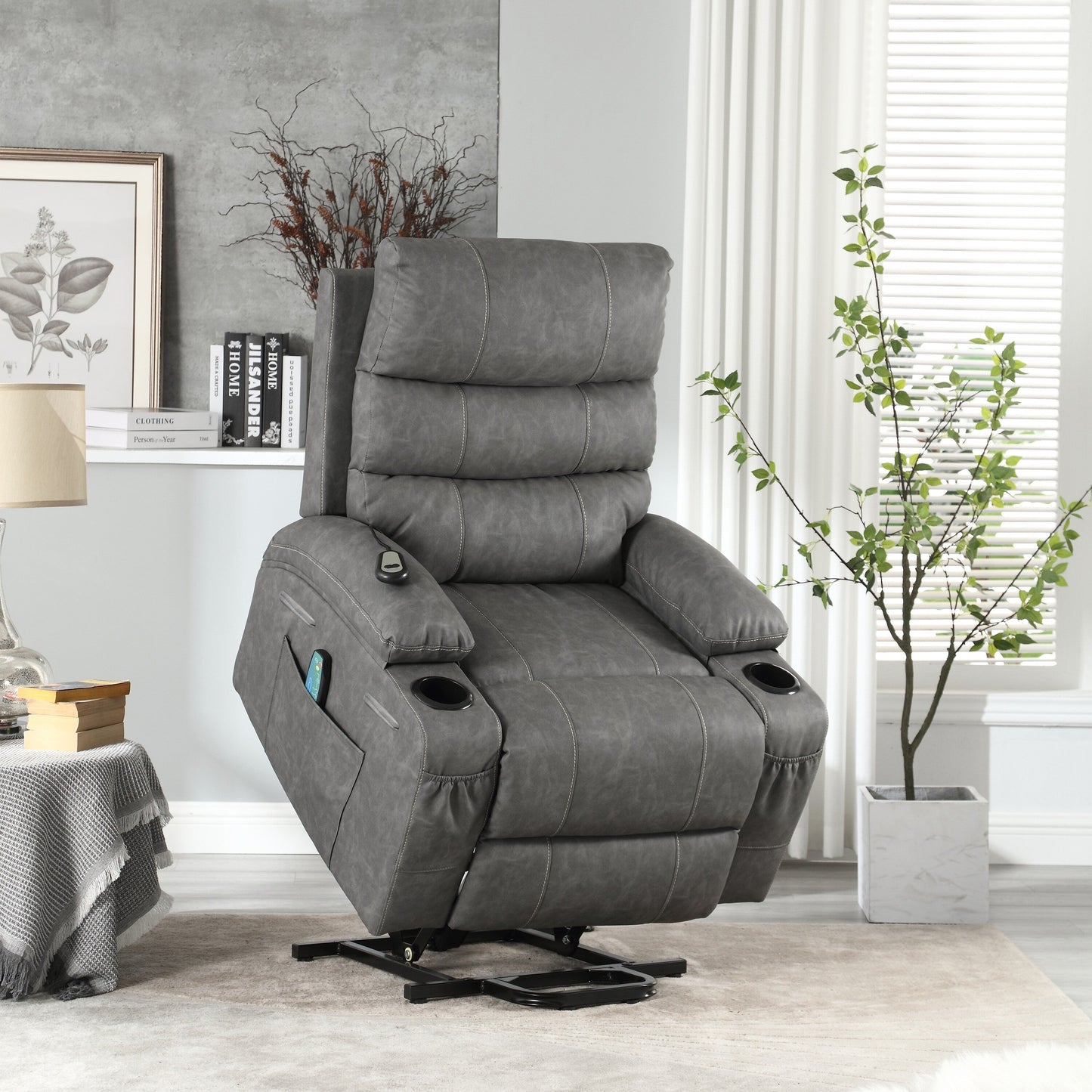 Fauteuil inclinable électrique de 21 pouces de large pour personnes âgées, massage lombaire à 8 points, chauffage, télécommande, poches latérales, porte-gobelets
