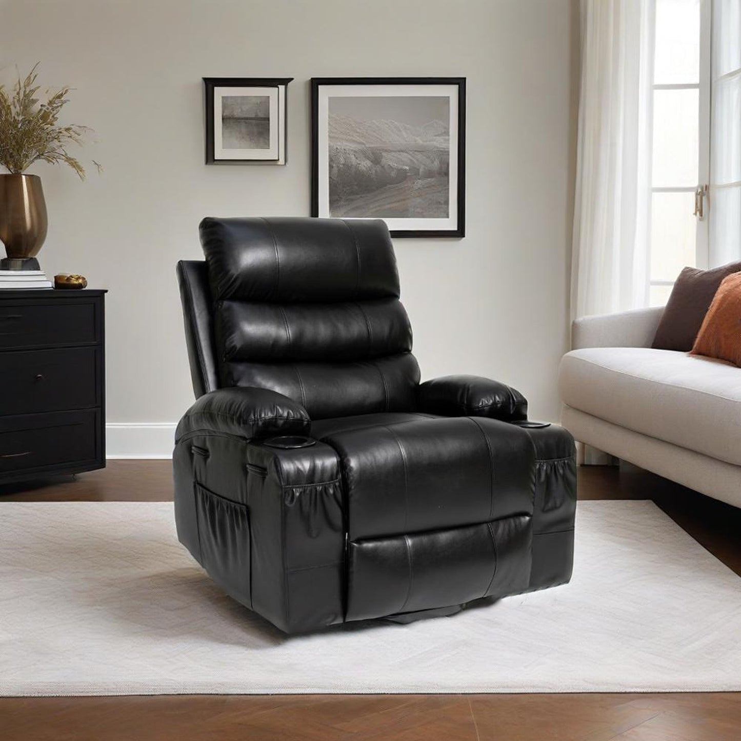 Fauteuil inclinable électrique 21 W, grand format, massage par vibrations à 8 points et chauffage lombaire, télécommande, poches latérales, porte-gobelets