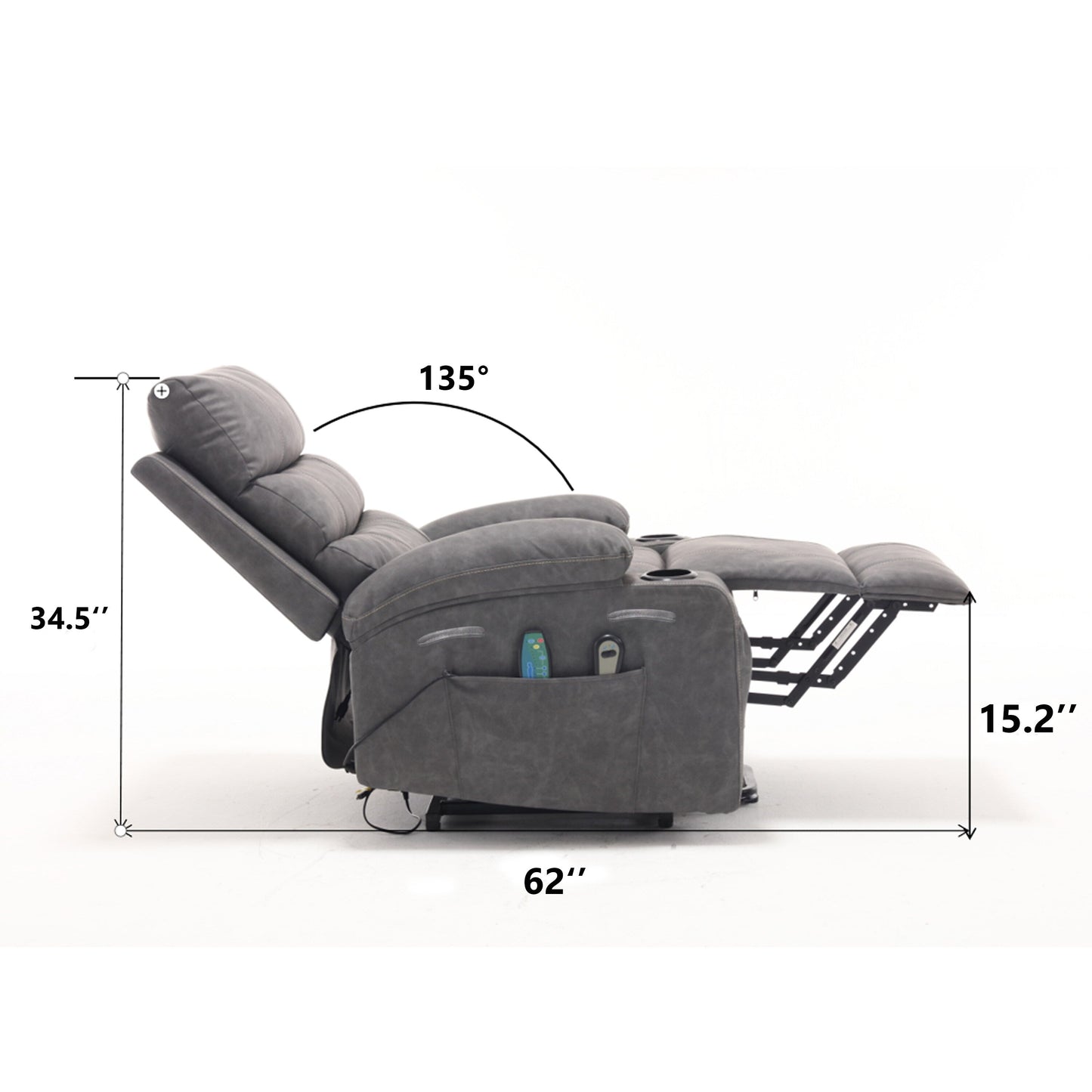 Fauteuil inclinable électrique 21 W, grand format, massage par vibrations à 8 points et chauffage lombaire, télécommande, poches latérales, porte-gobelets