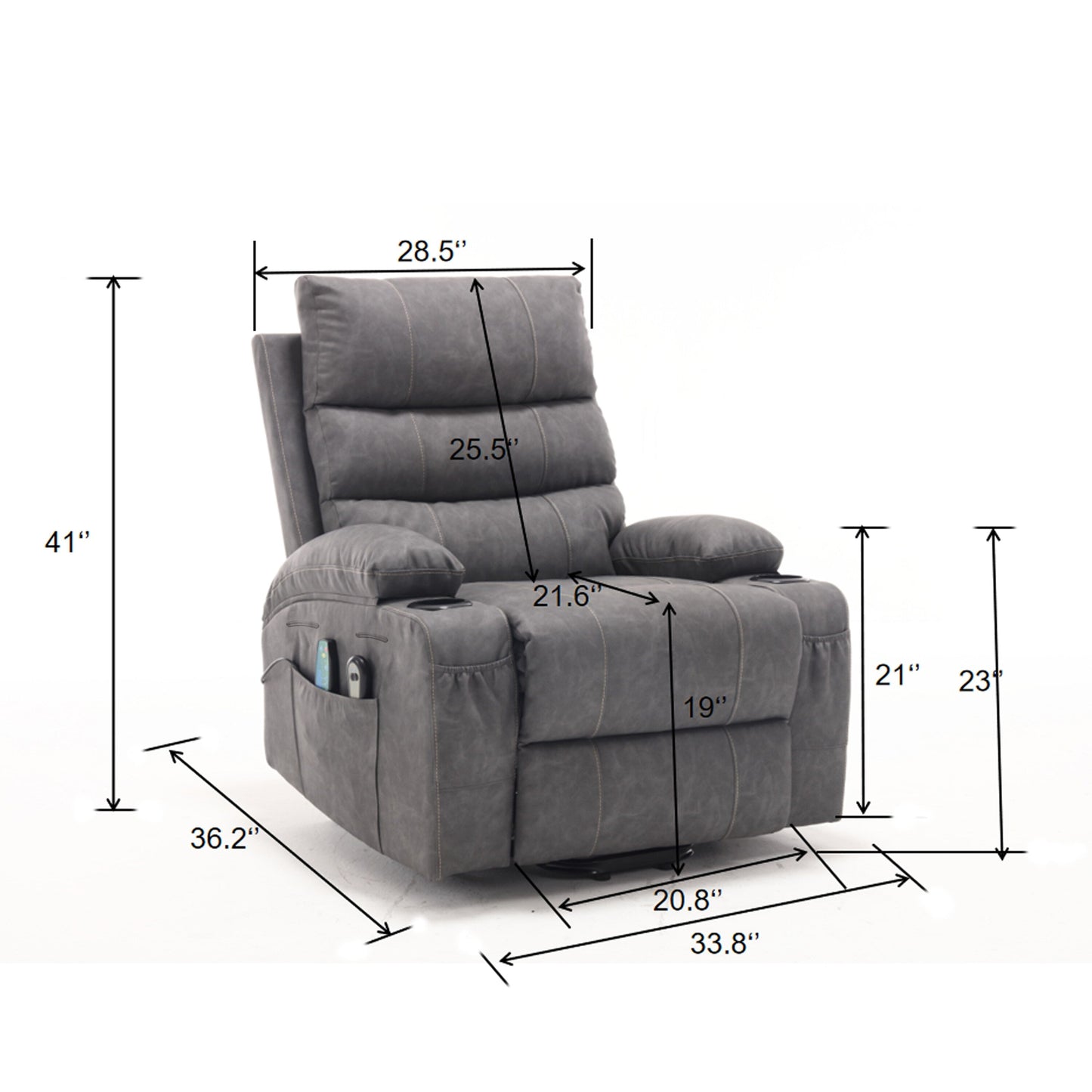 Fauteuil inclinable électrique 21 W, grand format, massage par vibrations à 8 points et chauffage lombaire, télécommande, poches latérales, porte-gobelets