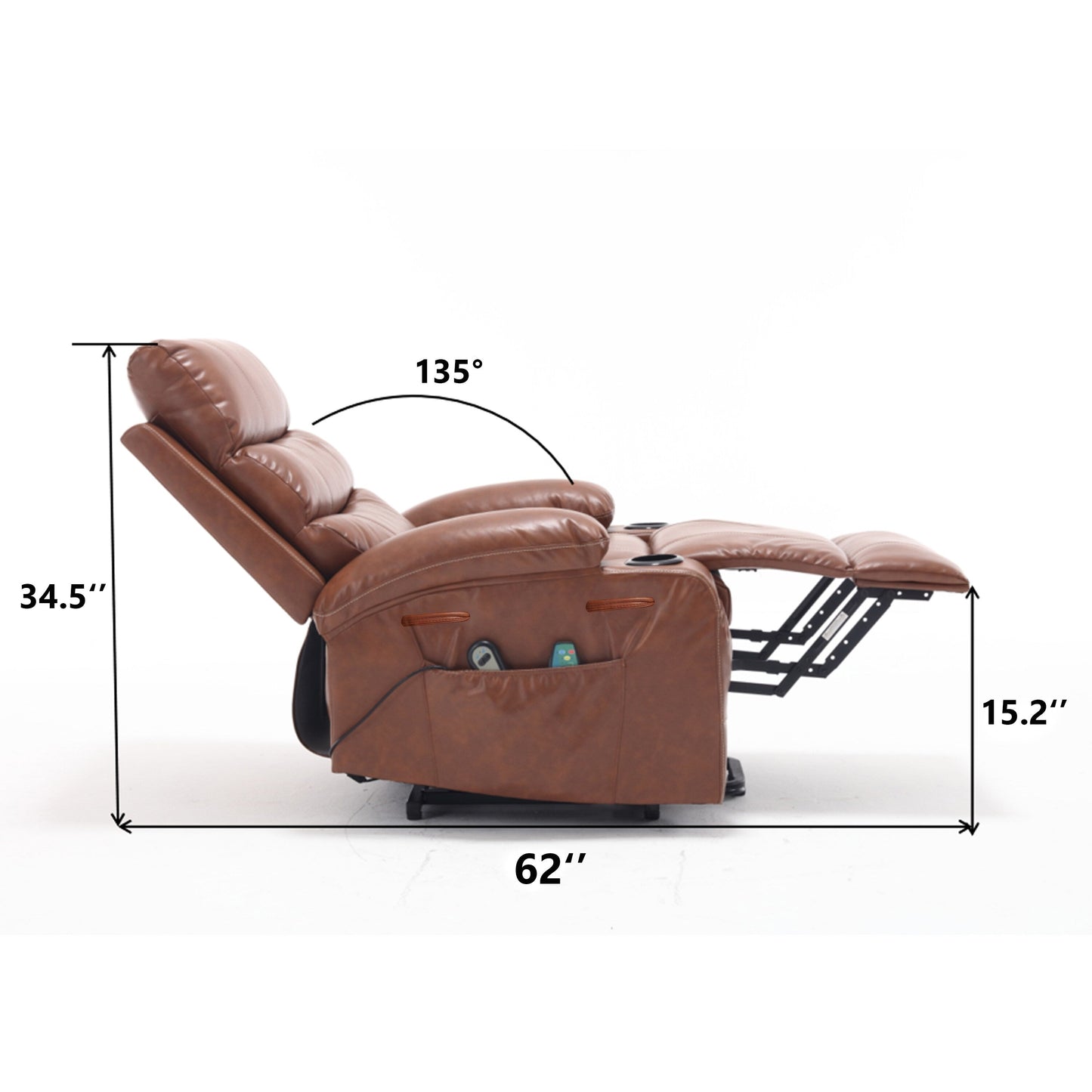 Fauteuil inclinable électrique 21 W, grand format, massage par vibrations à 8 points et chauffage lombaire, télécommande, poches latérales, porte-gobelets