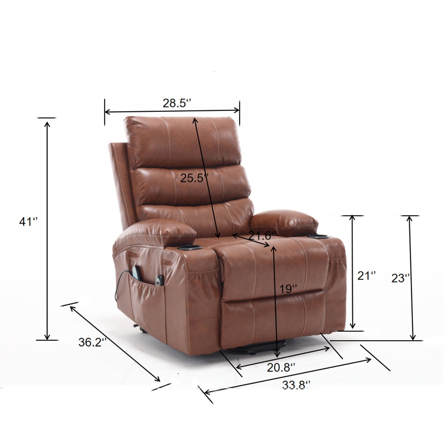 Fauteuil inclinable électrique 21 W, grand format, massage par vibrations à 8 points et chauffage lombaire, télécommande, poches latérales, porte-gobelets