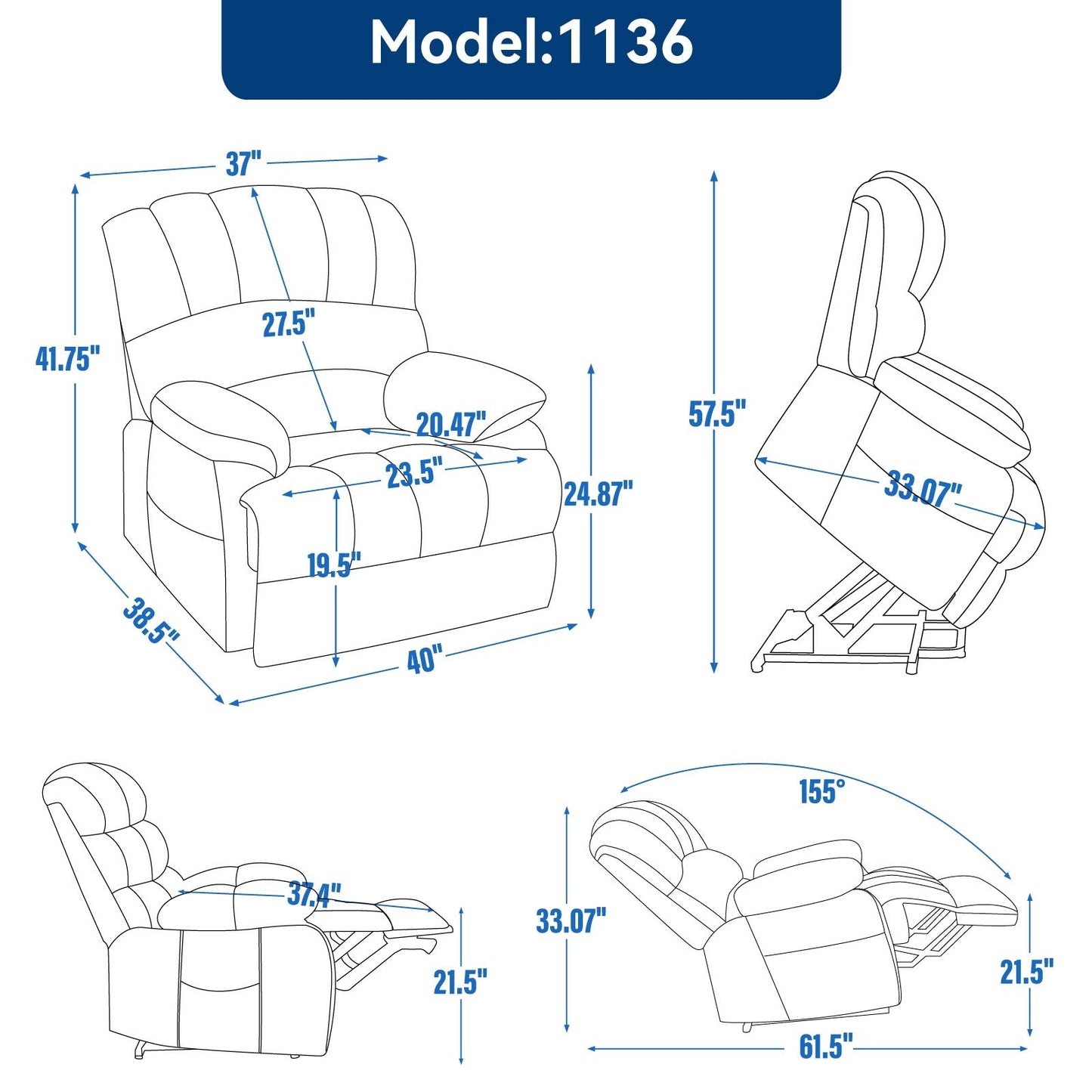 Fauteuil inclinable électrique de grande taille, largeur d'assise 23 et dossier haut, en chenille bleu-gris, avec massage par vibrations à 8 points