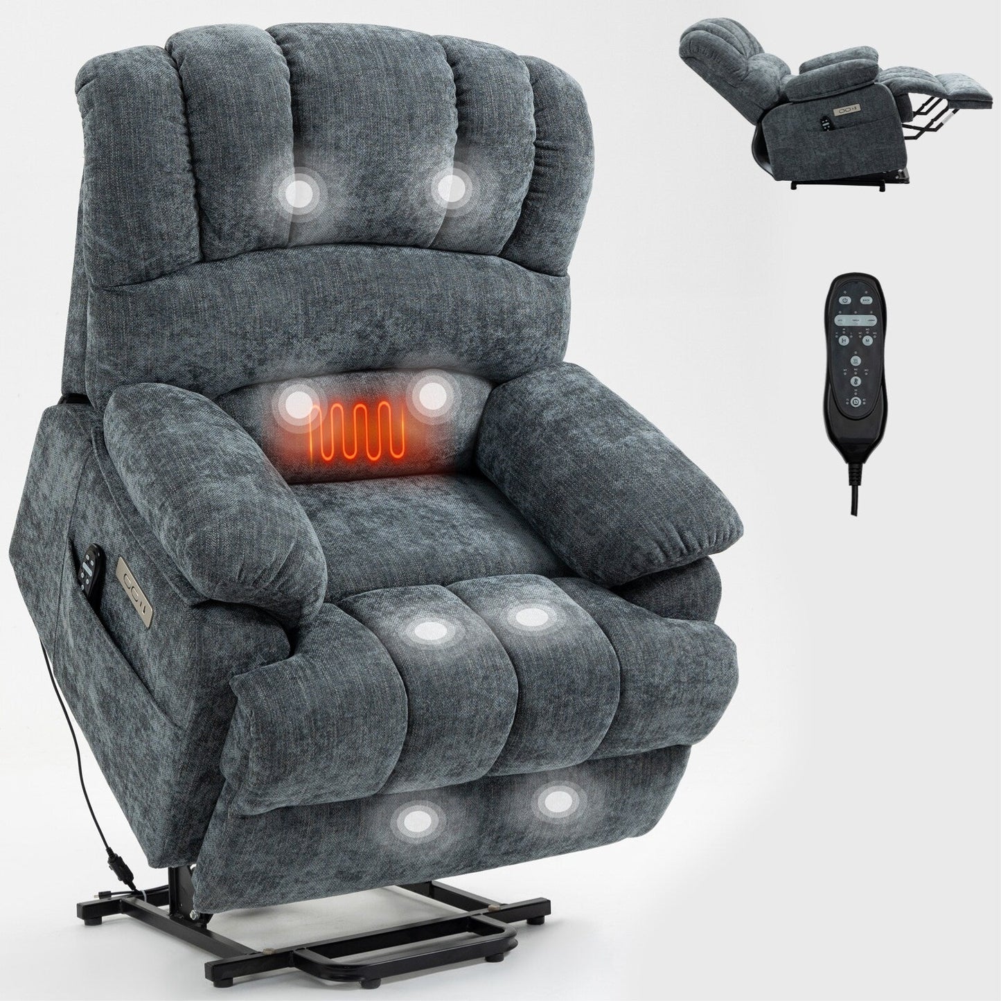 Fauteuil inclinable électrique de grande taille, largeur d'assise 23 et dossier haut, en chenille bleu-gris, avec massage par vibrations à 8 points