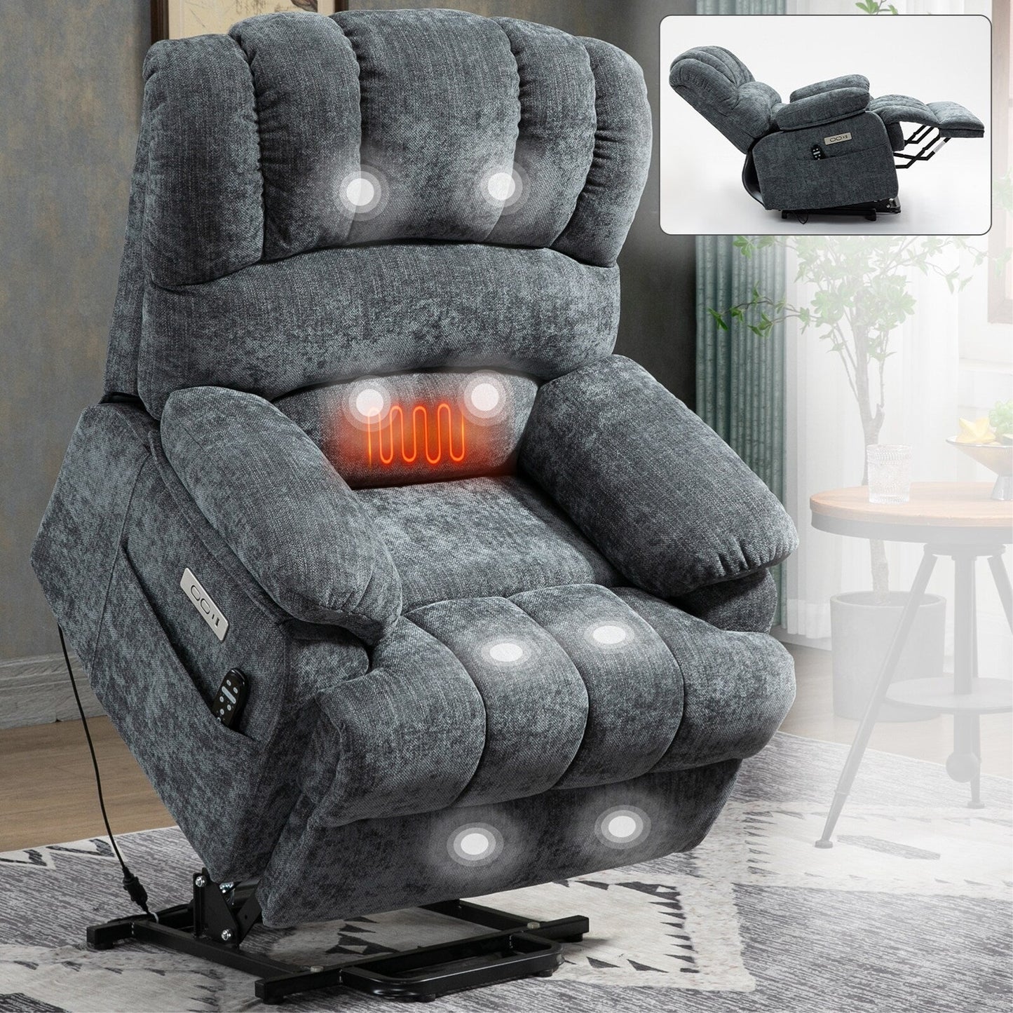 Fauteuil inclinable électrique de grande taille, largeur d'assise 23 et dossier haut, en chenille bleu-gris, avec massage par vibrations à 8 points