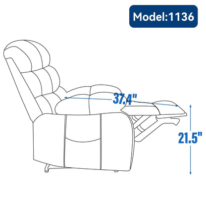 Fauteuil inclinable électrique de grande taille, largeur d'assise 23 et dossier haut, en chenille bleu-gris, avec massage par vibrations à 8 points