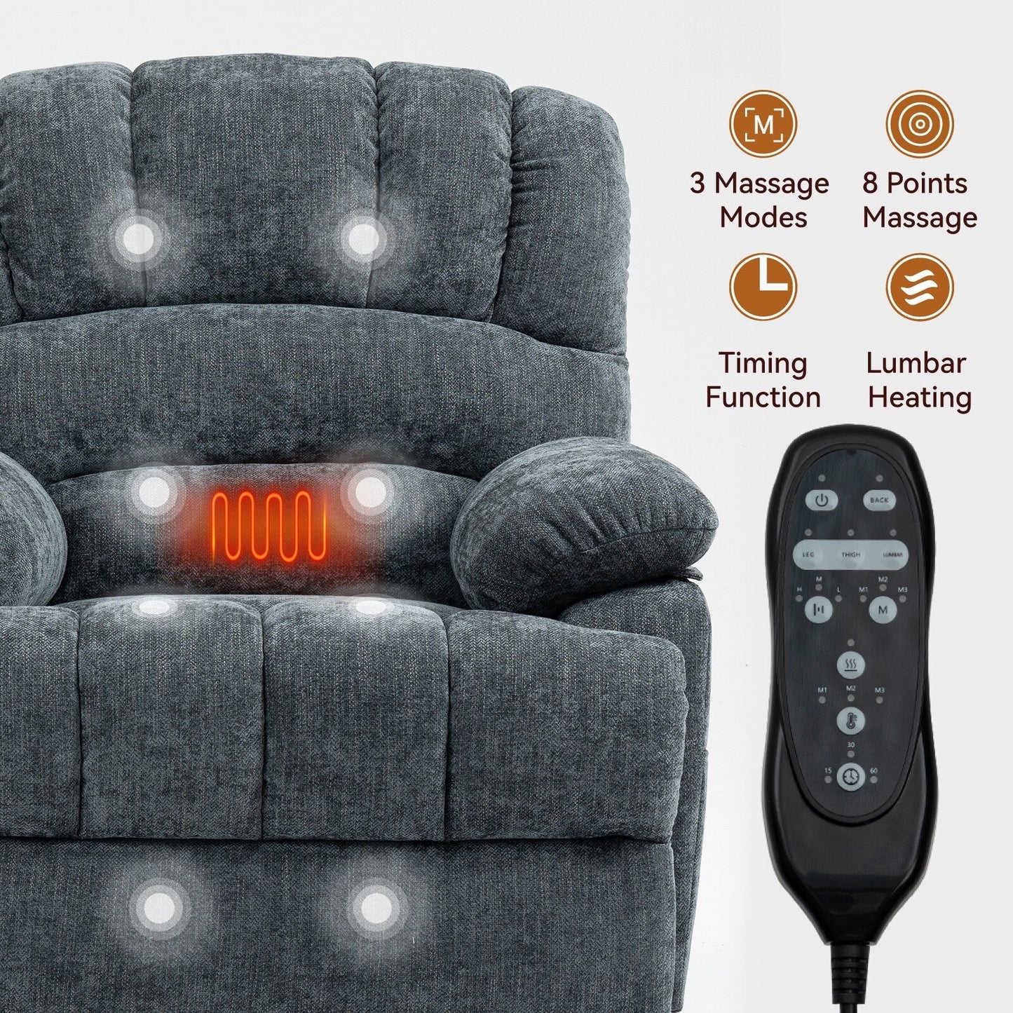 Fauteuil inclinable électrique de grande taille en chenille avec siège large et dossier haut, massage par vibration à 8 points et chauffage lombaire