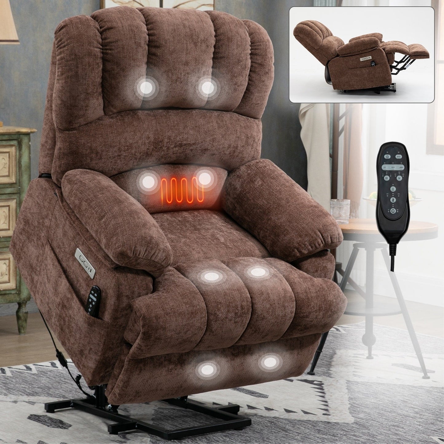 Fauteuil inclinable électrique de grande taille en chenille avec siège large et dossier haut, massage par vibration à 8 points et chauffage lombaire