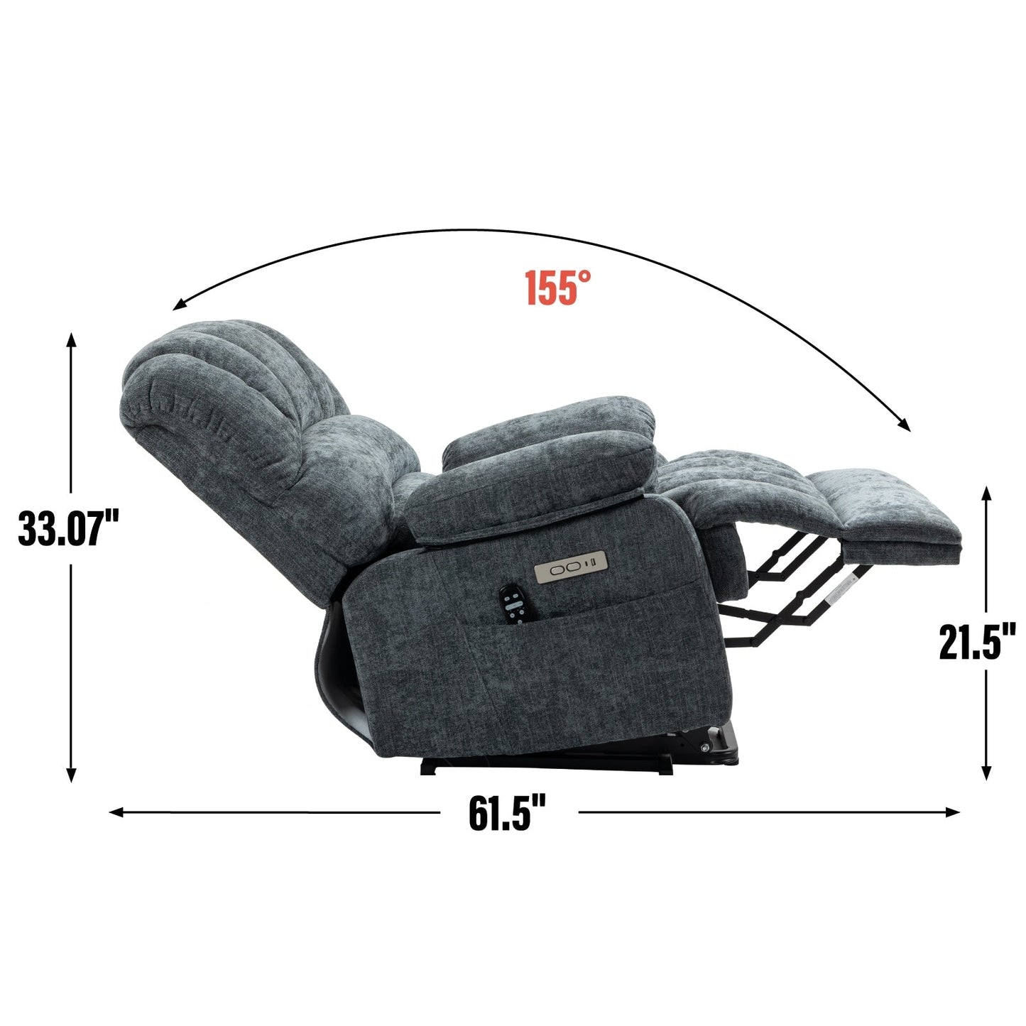 Fauteuil inclinable électrique de grande taille en chenille avec siège large et dossier haut, massage par vibration à 8 points et chauffage lombaire
