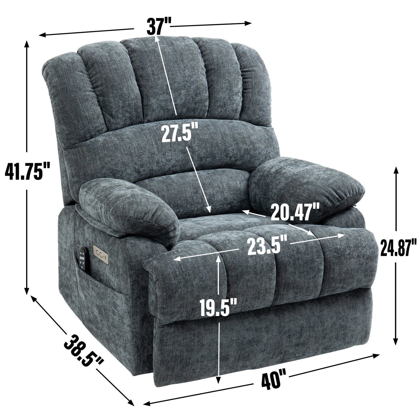 Fauteuil inclinable électrique de grande taille en chenille avec siège large et dossier haut, massage par vibration à 8 points et chauffage lombaire