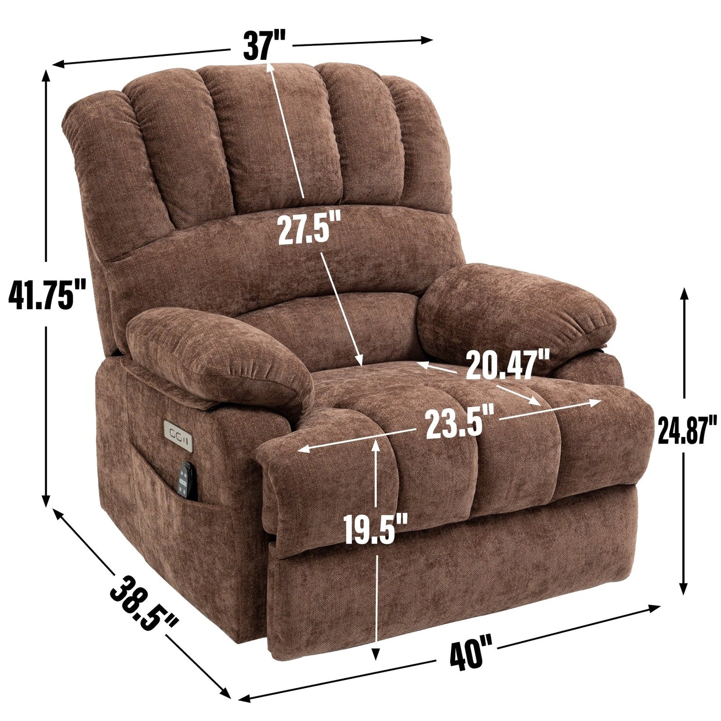 Fauteuil inclinable électrique de grande taille en chenille avec siège large et dossier haut, massage par vibration à 8 points et chauffage lombaire