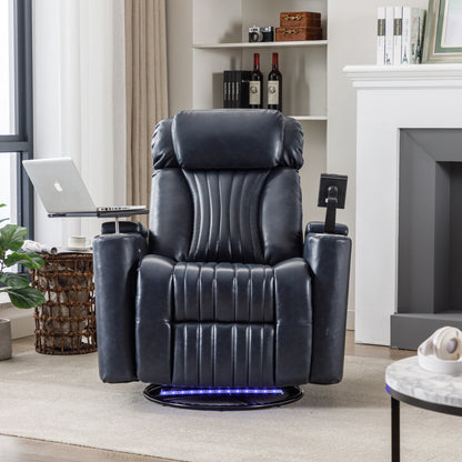 Fauteuil inclinable pivotant à 270°, siège home cinéma avec rangement dissimulé pour les accoudoirs, bande lumineuse LED et porte-gobelet