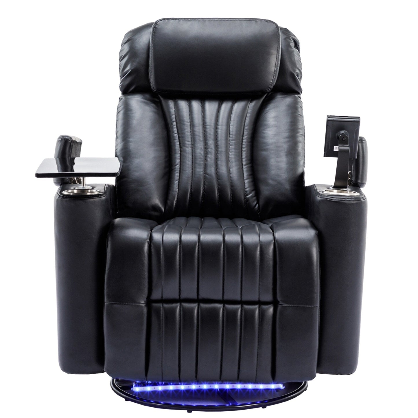 Fauteuil inclinable pivotant à 270°, siège home cinéma avec rangement dissimulé pour les accoudoirs, bande lumineuse LED et porte-gobelet