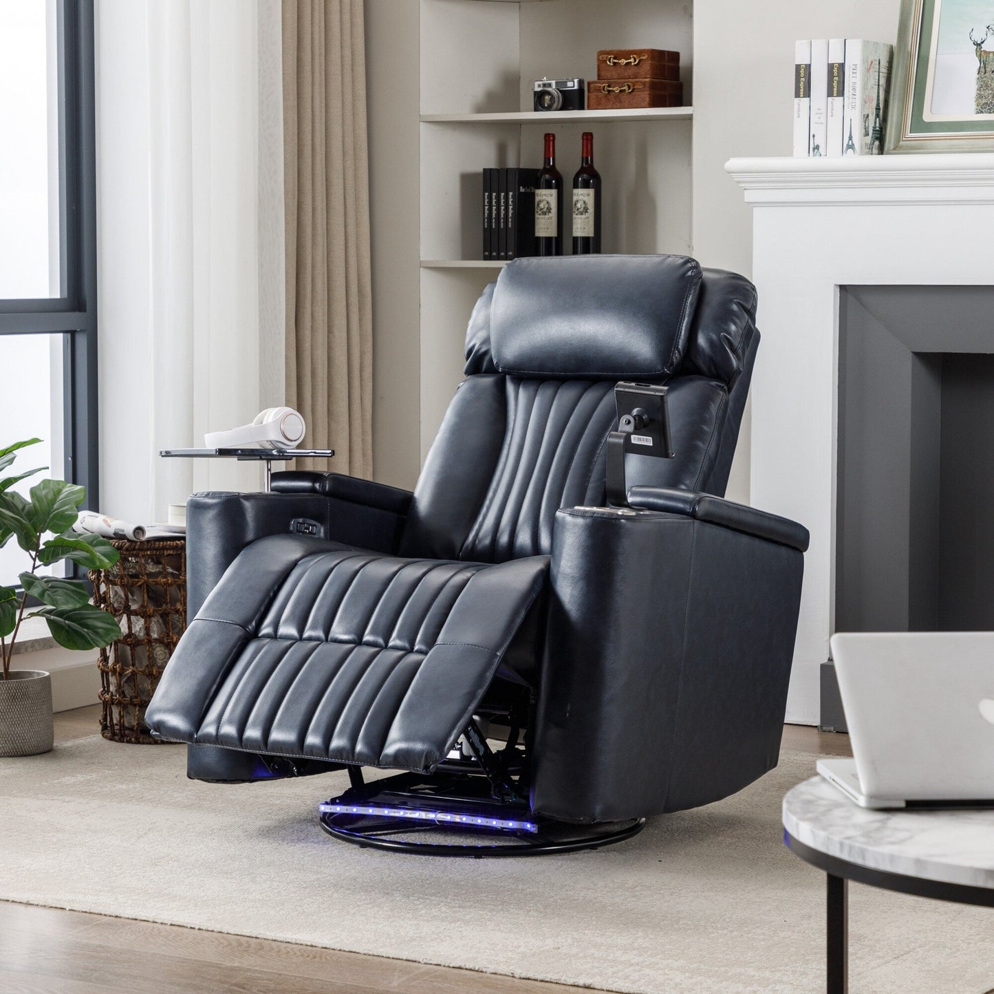 Fauteuil inclinable pivotant à 270°, siège home cinéma avec rangement dissimulé pour les accoudoirs, bande lumineuse LED et porte-gobelet