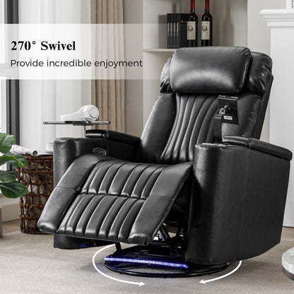 Fauteuil inclinable pivotant à 270°, siège home cinéma avec rangement dissimulé pour les accoudoirs, bande lumineuse LED et porte-gobelet