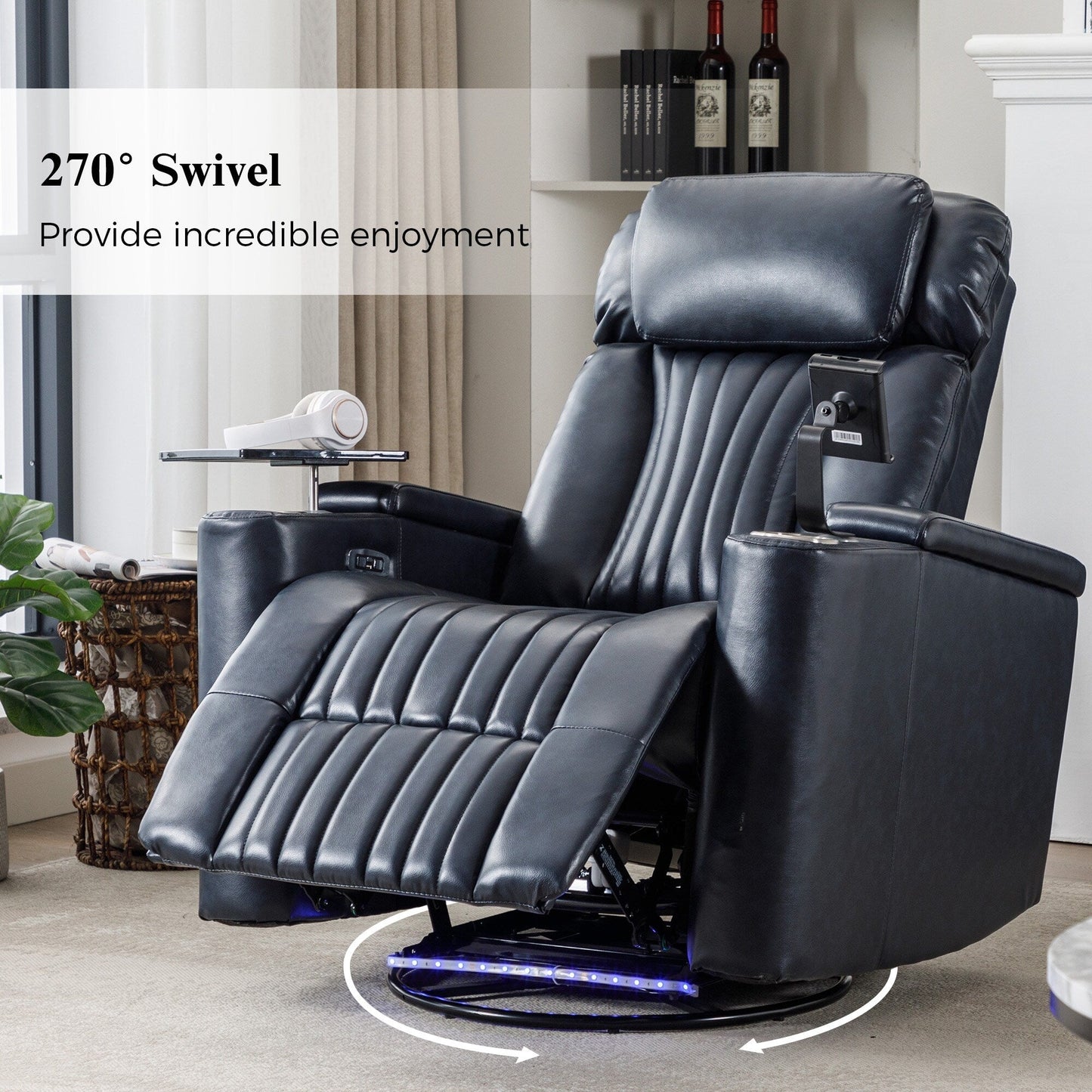 Fauteuil inclinable pivotant à 270°, siège home cinéma avec rangement dissimulé pour les accoudoirs, bande lumineuse LED et porte-gobelet