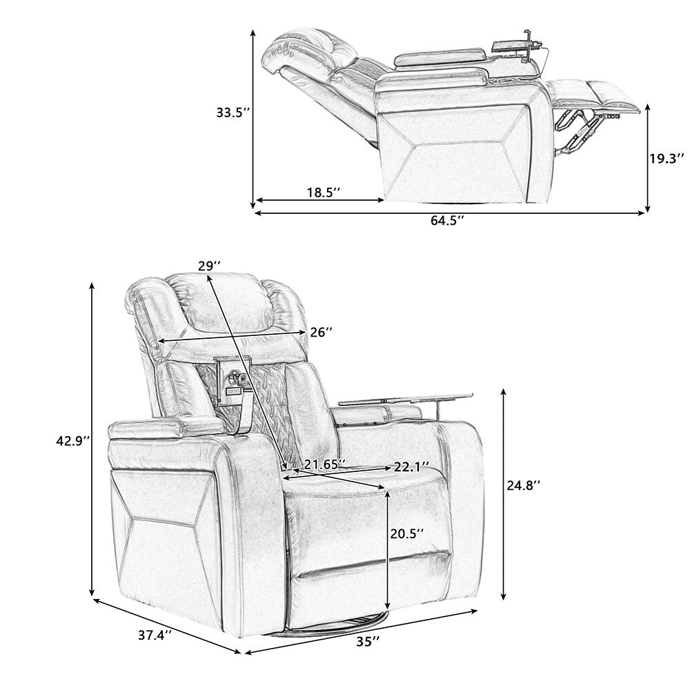Fauteuil inclinable électrique pivotant à 270°, fauteuil multimédia avec multi-plateau et rangement
