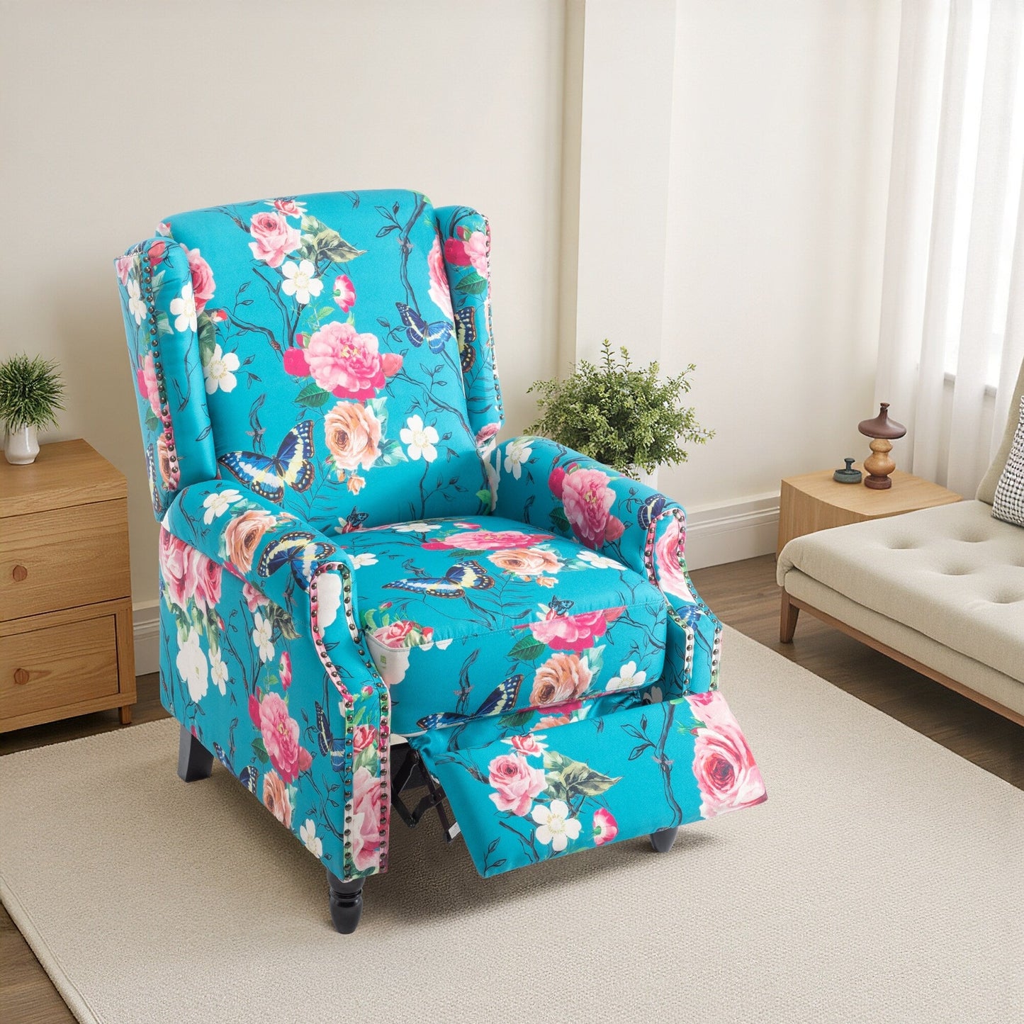 Fauteuil inclinable manuel à dossier relevable en lin vintage à motif floral de 29 po de largeur