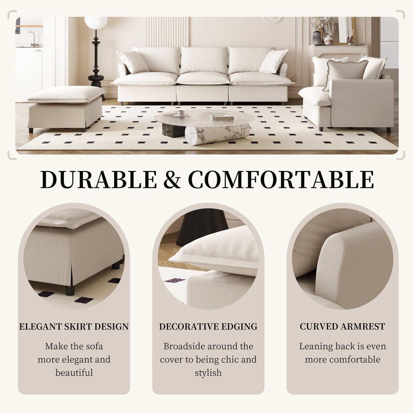 Ensemble de canapés de salon 3 pièces, canapé modulaire en chenille en forme de L, canapé 3 places rembourré, fauteuil et pouf mobile