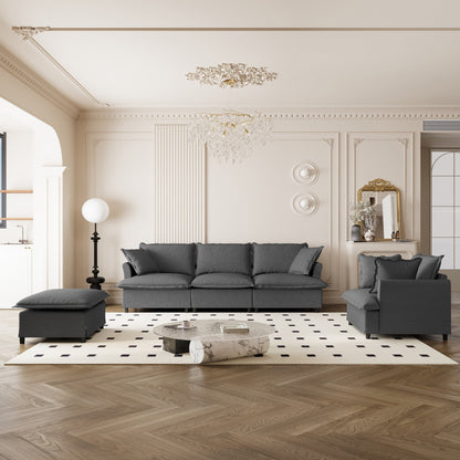 Ensemble de canapés de salon 3 pièces, canapé modulaire en chenille en forme de L, canapé 3 places rembourré, fauteuil et pouf mobile