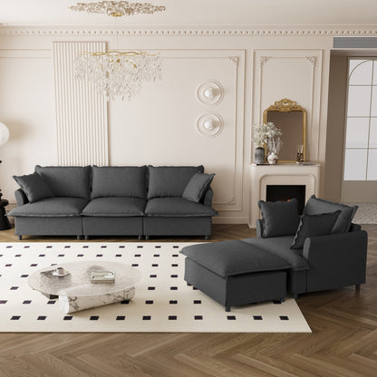 Ensemble de canapés de salon 3 pièces, canapé modulaire en chenille en forme de L, canapé 3 places rembourré, fauteuil et pouf mobile