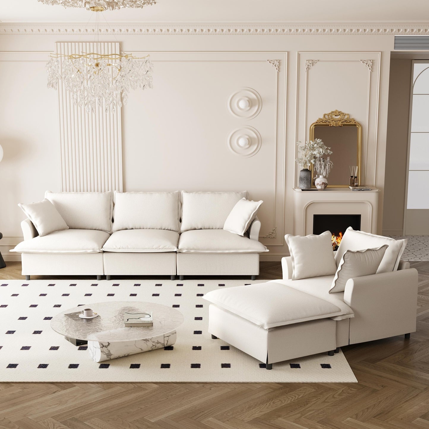 Ensemble de canapés de salon 3 pièces, canapé modulaire en chenille en forme de L, canapé 3 places rembourré, fauteuil et pouf mobile