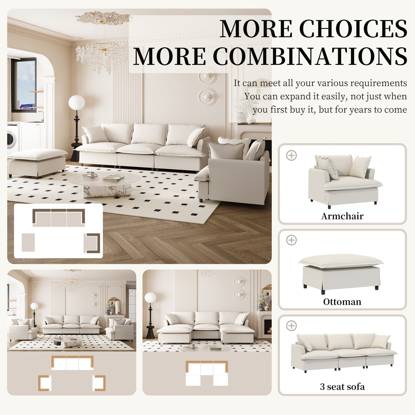 Ensemble de canapés de salon 3 pièces, canapé modulaire en chenille en forme de L, canapé 3 places rembourré, fauteuil et pouf mobile