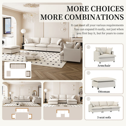 Ensemble de canapés de salon 3 pièces, canapé modulaire en chenille en forme de L, canapé 3 places rembourré, fauteuil et pouf mobile