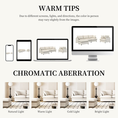 Ensemble de canapés de salon 3 pièces, canapé modulaire en chenille en forme de L, canapé 3 places rembourré, fauteuil et pouf mobile