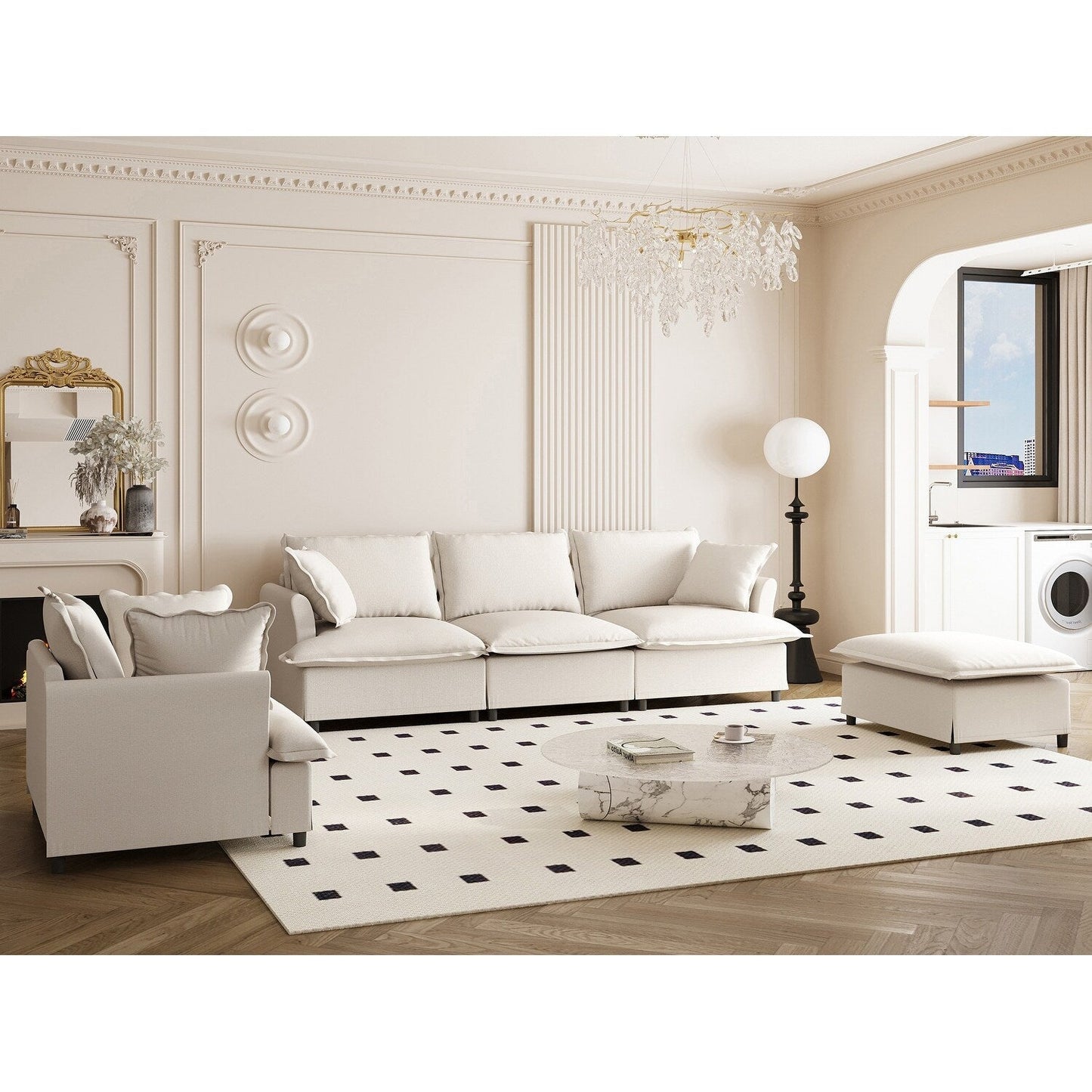 Ensemble de canapés de salon 3 pièces, canapé modulaire en chenille en forme de L, canapé 3 places rembourré, fauteuil et pouf mobile