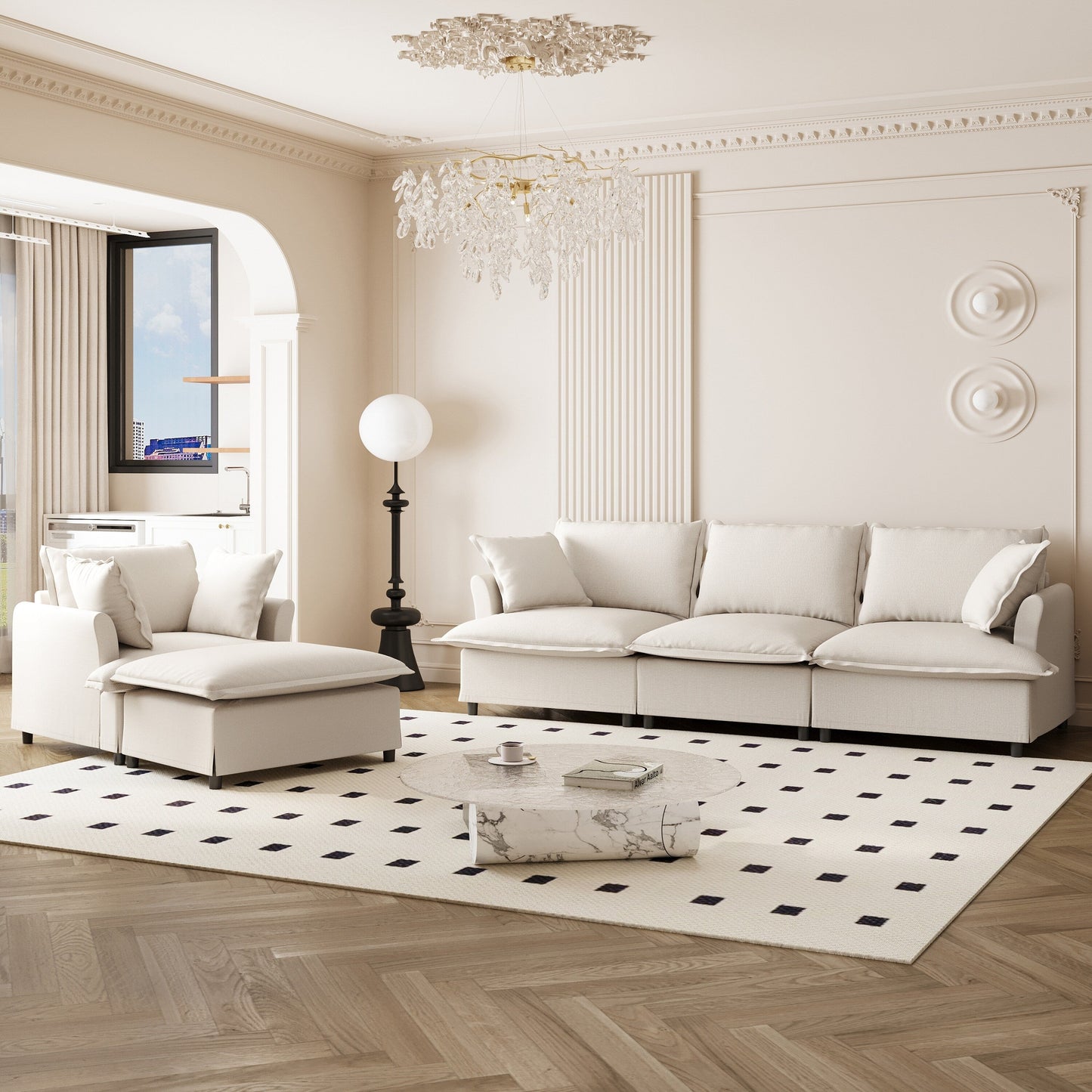 Ensemble de canapés de salon 3 pièces, canapé modulaire en chenille en forme de L, canapé 3 places rembourré, fauteuil et pouf mobile