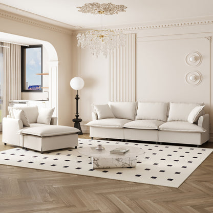 Ensemble de canapés de salon 3 pièces, canapé modulaire en chenille en forme de L, canapé 3 places rembourré, fauteuil et pouf mobile