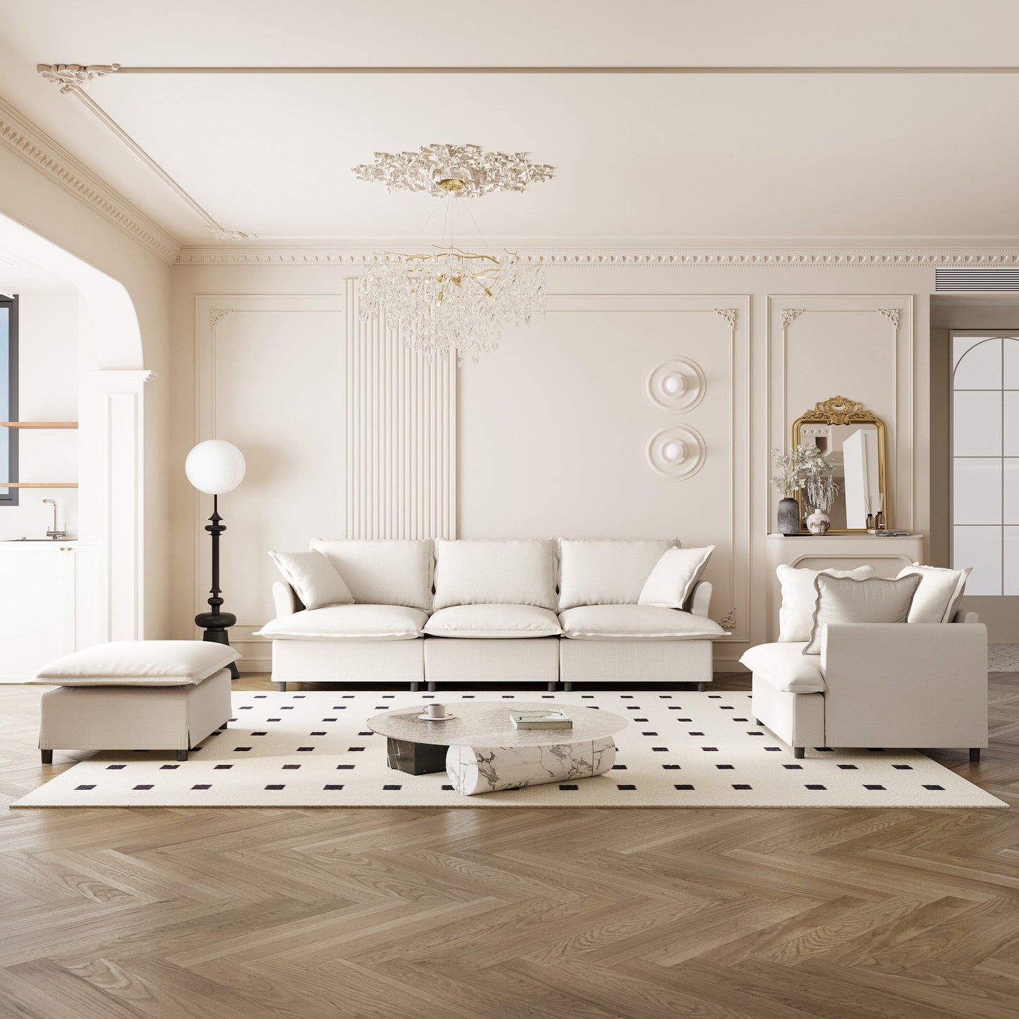 Ensemble de canapés de salon 3 pièces, canapé modulaire en chenille en forme de L, canapé 3 places rembourré, fauteuil et pouf mobile