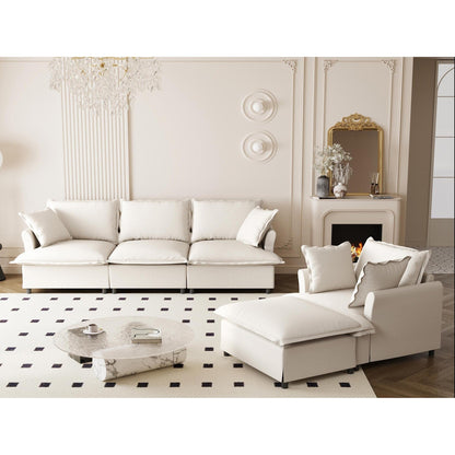 Ensemble de canapés de salon 3 pièces, canapé modulaire en chenille en forme de L, canapé 3 places rembourré, fauteuil et pouf mobile