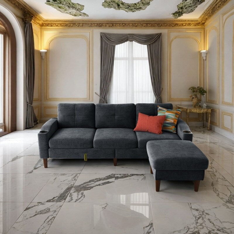 Canapé 3 places en L avec rangement et repose-pieds pour salon, gris foncé