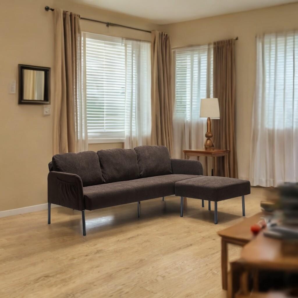 Canapé 3 places en tissu polyester en forme de L avec pouf, canapé rembourré moderne, petit canapé confortable pour petit espace