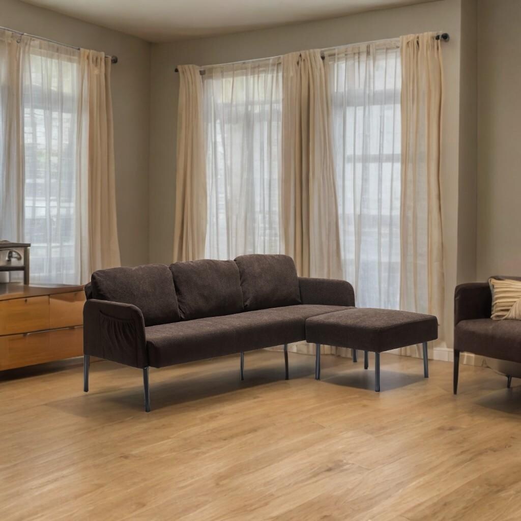 Canapé 3 places en tissu polyester en forme de L avec pouf, canapé rembourré moderne, petit canapé confortable pour petit espace