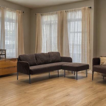 Canapé 3 places en tissu polyester en forme de L avec pouf, canapé rembourré moderne, petit canapé confortable pour petit espace