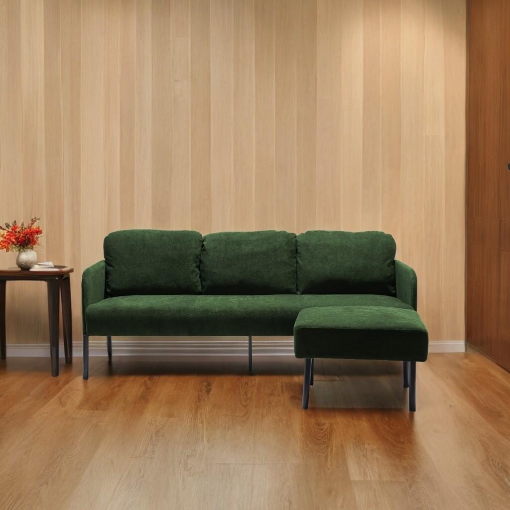 Canapé 3 places en tissu polyester en forme de L avec pouf, canapé rembourré moderne, petit canapé confortable pour petit espace