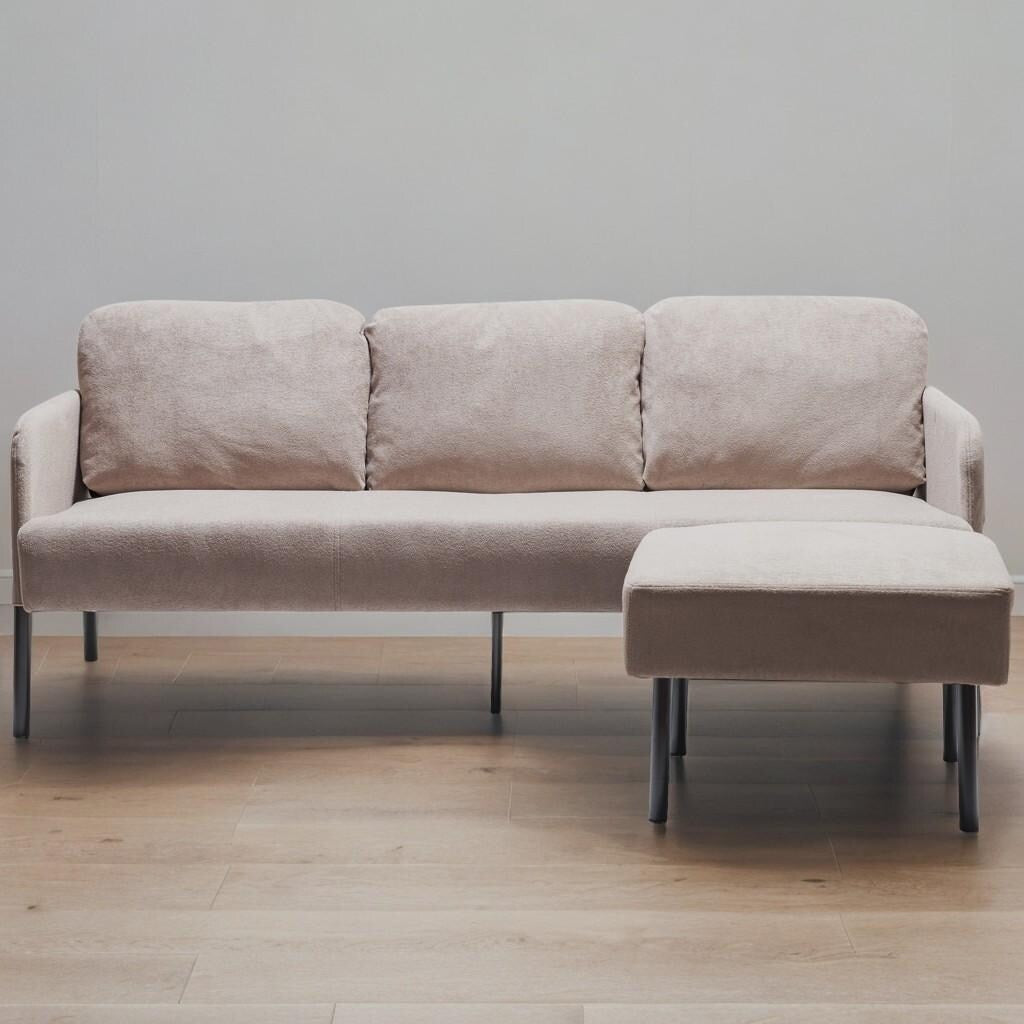 Canapé 3 places en tissu polyester en forme de L avec pouf, canapé rembourré moderne, petit canapé confortable pour petit espace