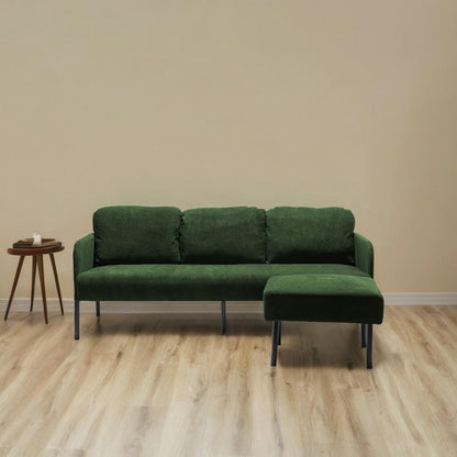 Canapé 3 places en tissu polyester en forme de L avec pouf, canapé rembourré moderne, petit canapé confortable pour petit espace
